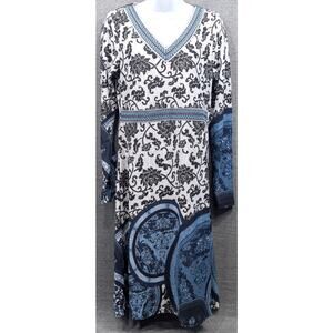 WHITE MARK Dress  - Black/Blue Pattern, Long Sleeve, Pull Over, V-Neck, M, NWT